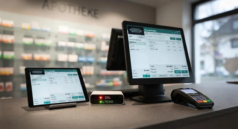 Handverkaufstisch einer Apotheke mit Kasse, Tablet und Kartenterminal, davor ein Router: DSL gestört, LTE/5G aktiv
