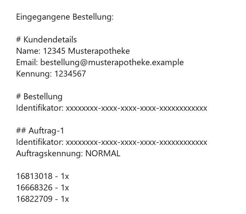 Anonymisiertes Beispiel einer MSV3-to-Mail-Bestellung mit Kundendetails, Bestellkennung und PZNs