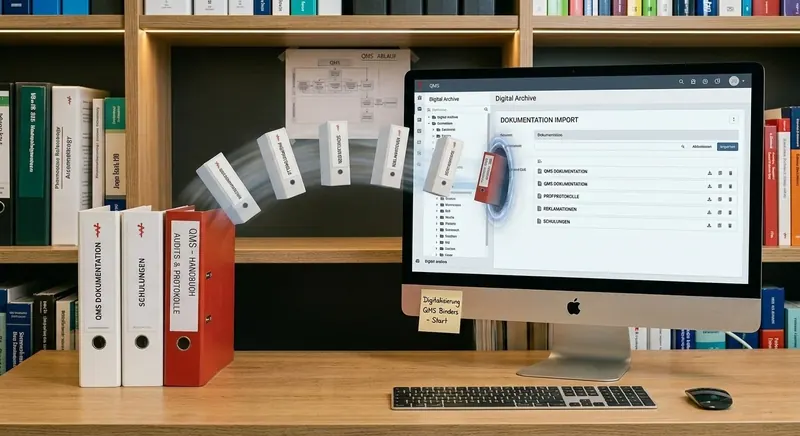 Illustration: Aktenordner zum Qualitätsmanagement wandern in ein digitales QMS-Archiv am Bildschirm