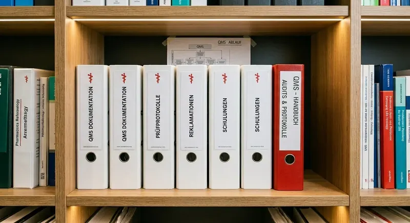 Aktenordner zum Qualitätsmanagement einer Apotheke im Regal: QMS-Dokumentation, Prüfprotokolle, Reklamationen, Schulungen und QMS-Handbuch