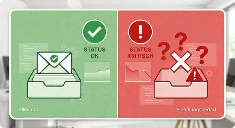 Illustration: links ein Posteingang mit eingegangener Reportingmail – Status OK, alles gut; rechts ein leerer Posteingang – Status kritisch, Handlungsbedarf