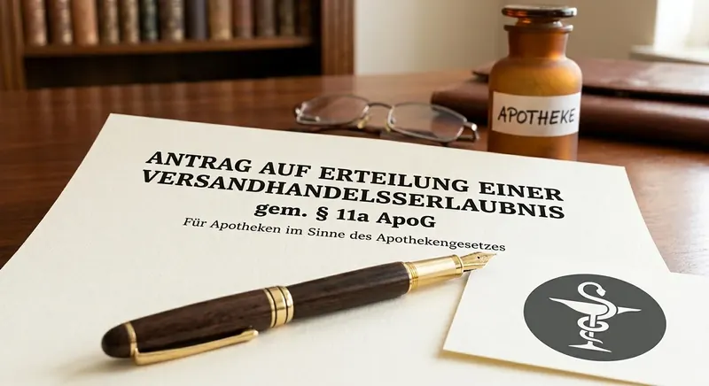 Antrag auf Erteilung einer Versandhandelserlaubnis nach § 11a ApoG auf einem Schreibtisch, daneben Füller und Apothekenflasche